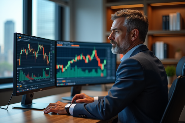 Homme d'affaires concentré devant ses écrans forex