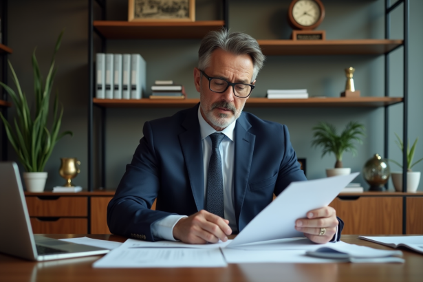 Homme d'affaires en costume bleu examine des documents financiers