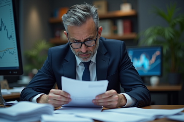 Homme sérieux en costume bleu examinant des factures impayées