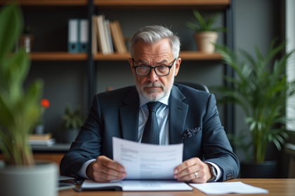 Homme d'affaires en costume lisant un rapport financier