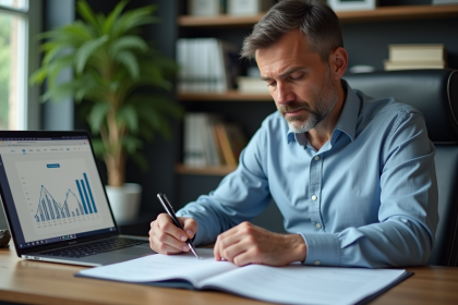 Homme d'affaires en bureau remplissant des papiers