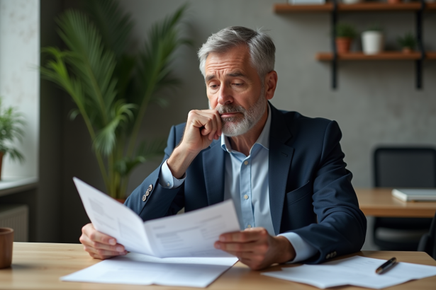 Homme d'affaires réfléchissant à des documents de retraite