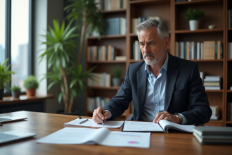 Homme en costume analyse documents financiers dans un bureau moderne
