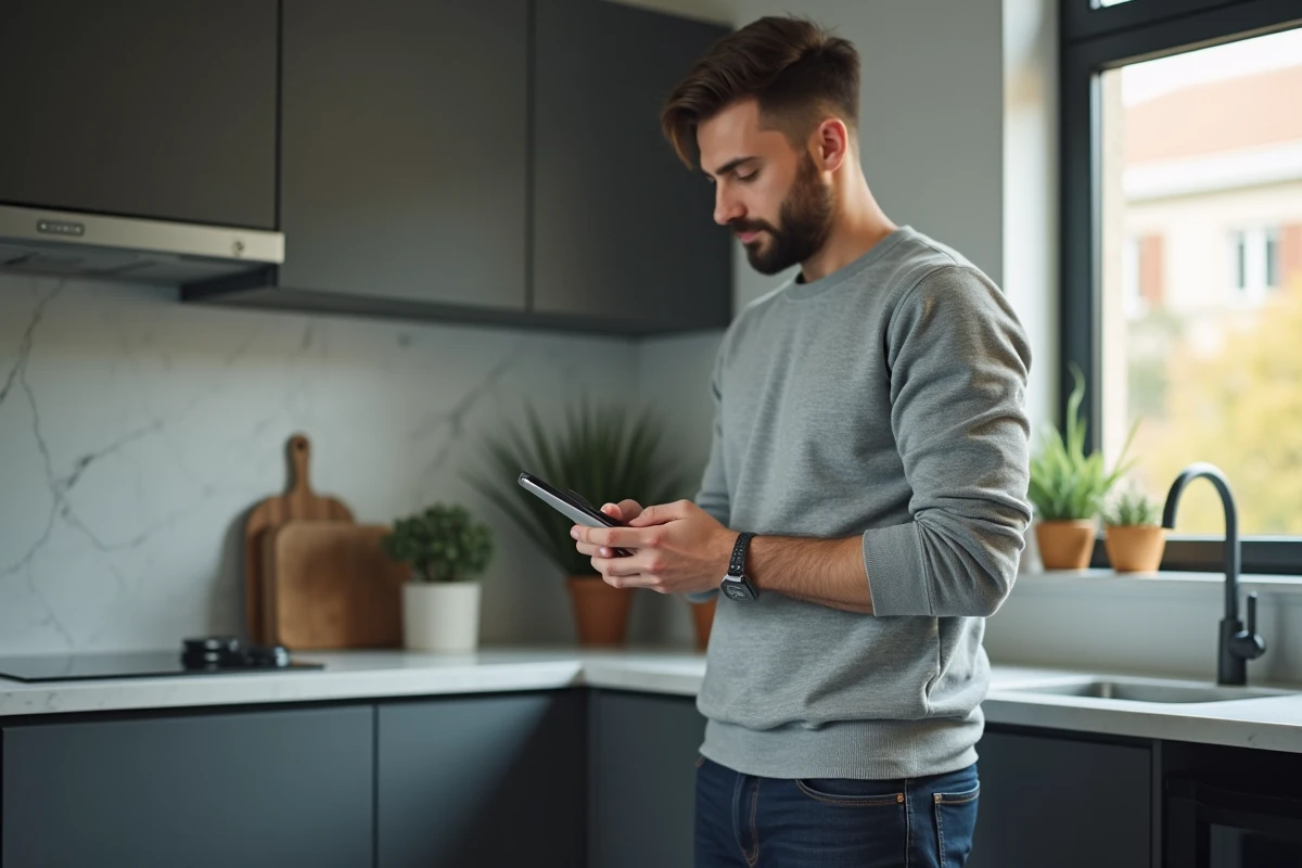 Homme consultant les paramètres de notifications de l'application mobile Cyberplus Rives de Paris dans une cuisine moderne