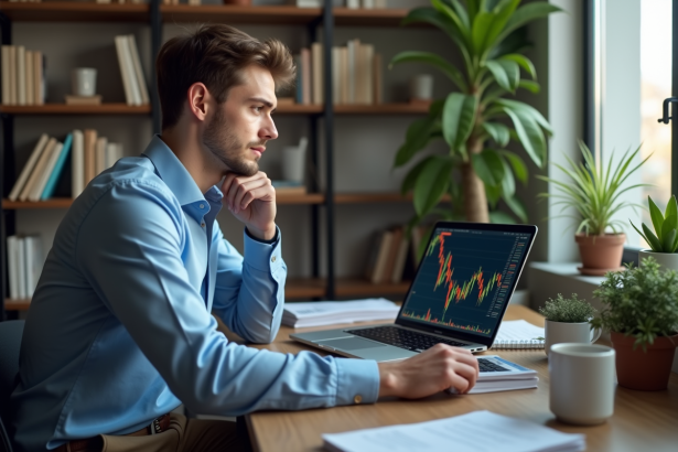 Jeune homme concentré devant un ordinateur avec graphiques Bitcoin