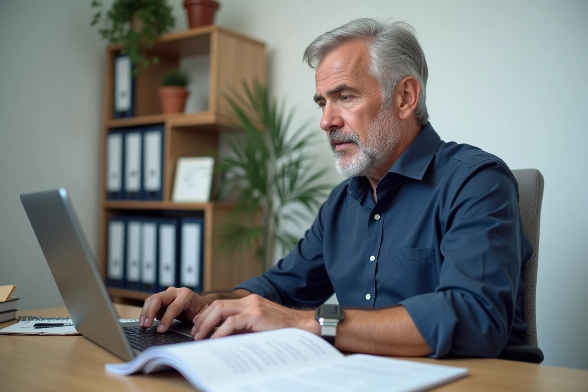 Homme consultant un calendrier PDF d'invalidité 2026 sur son bureau à domicile