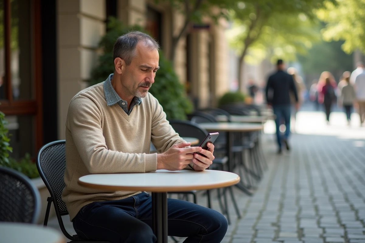 Homme d age moyen utilisant son smartphone au café