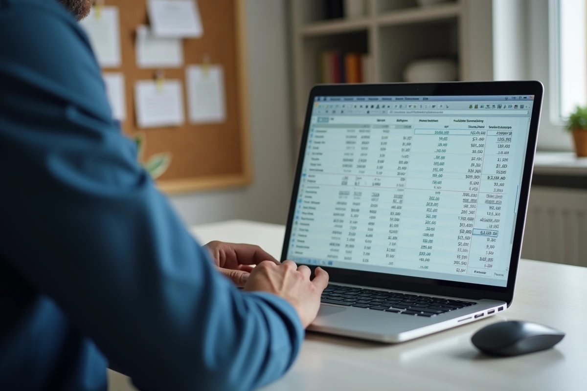 Homme en préretraite analysant des données de salaire brut et net sur un ordinateur portable dans un bureau à domicile