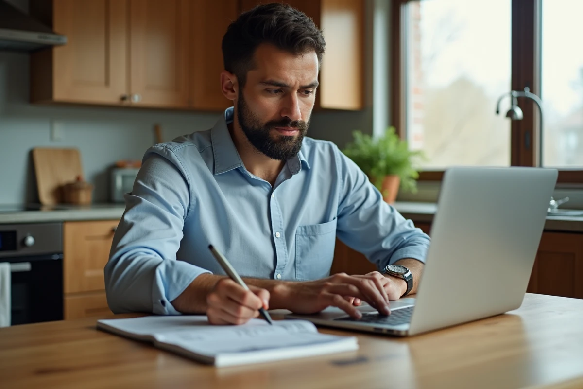 Homme calculant son salaire net depuis son domicile avec un ordinateur portable et des notes manuscrites