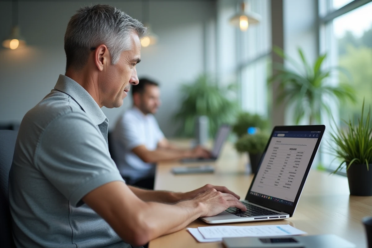 Homme calculant le SMIC pour un contrat à 25 heures sur tableur dans un bureau professionnel