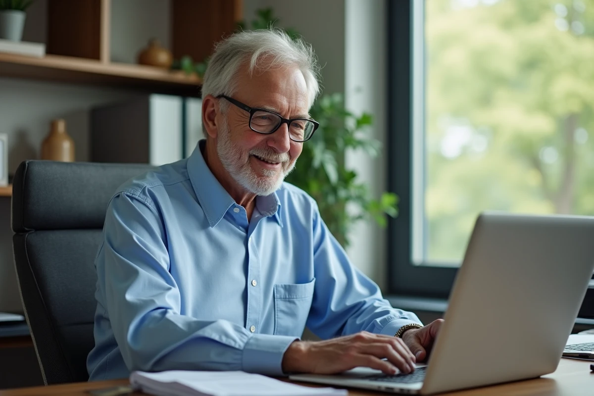 Homme âgé souriant travaille sur son ordinateur au bureau