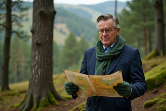 Homme d'âge moyen avec écharpe verte étudie une carte forêt