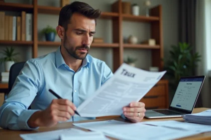Homme consultant le formulaire Cerfa 3916 bis à son bureau avec des documents bancaires officiels