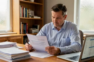 Homme consultant un contrat d'assurance emprunteur Utwin à son bureau à domicile