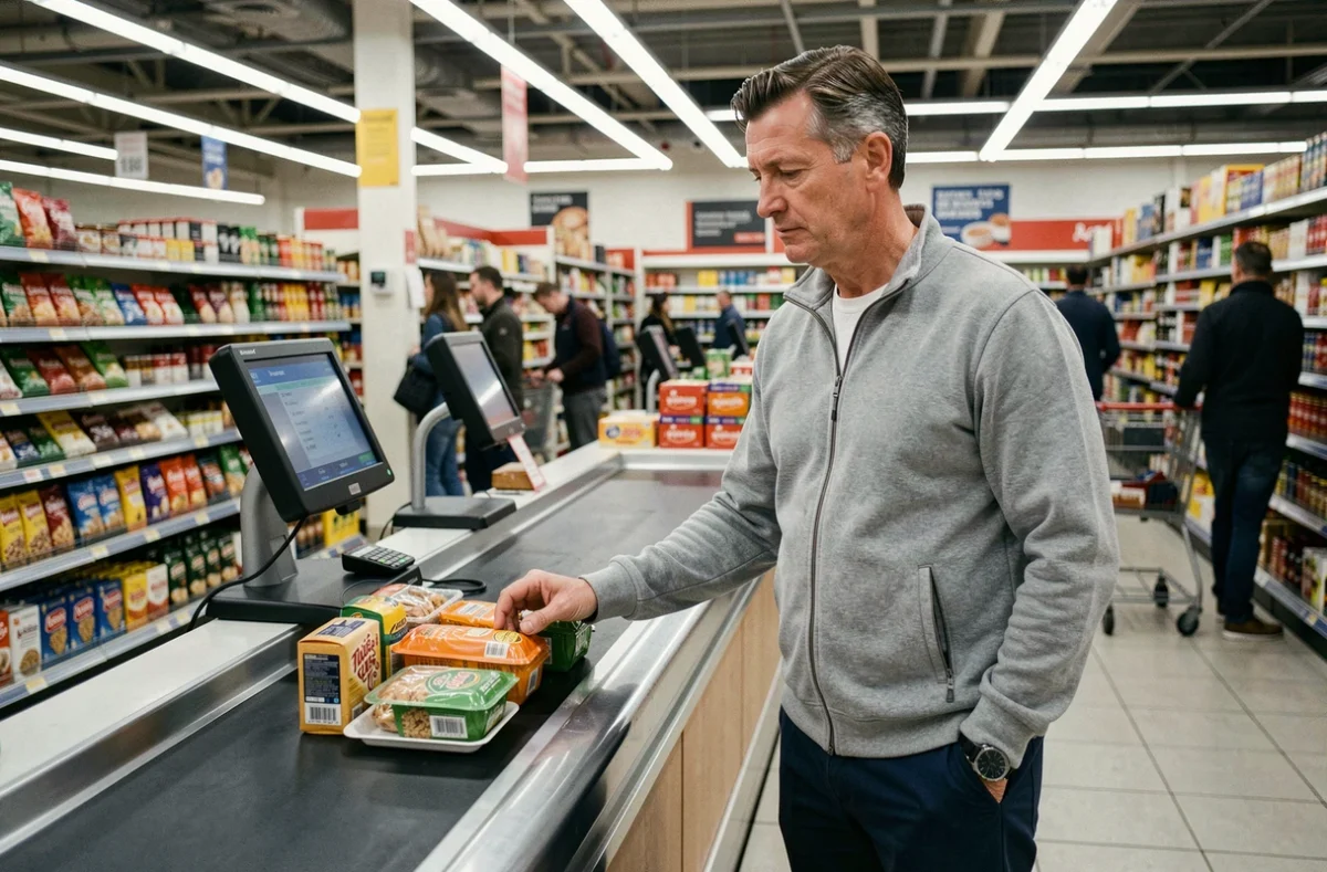Homme faisant ses courses au supermarché en France, symbolisant le pouvoir d'achat et le niveau de vie avec un revenu médian