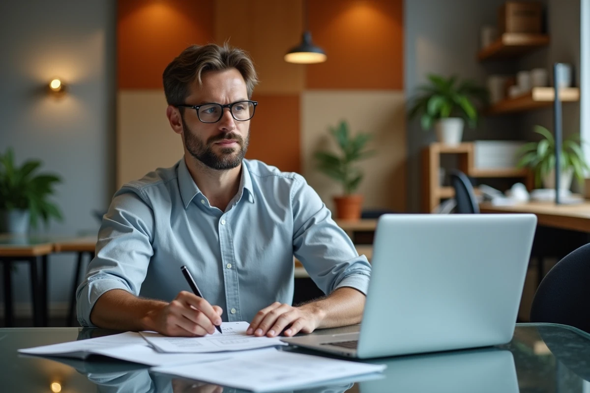 Homme en espace de coworking calculant la différence entre salaire brut et salaire net sur un carnet