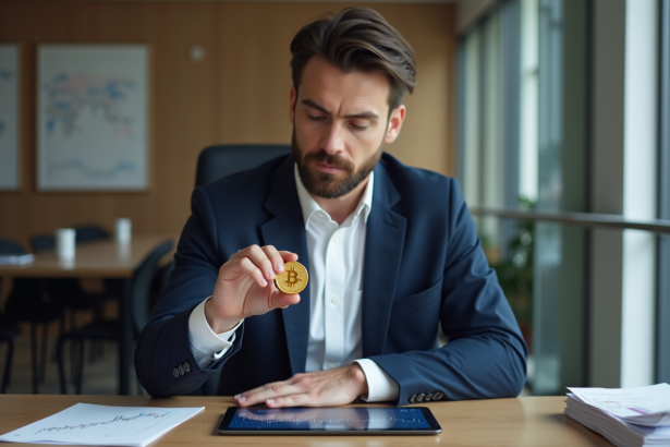Homme pensif tenant une pièce Bitcoin dans un bureau moderne