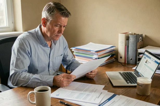 Homme vérifiant des documents de mutuelle après un licenciement à son bureau à domicile