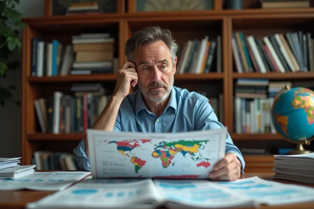 Homme d'affaires méditant devant une carte du monde