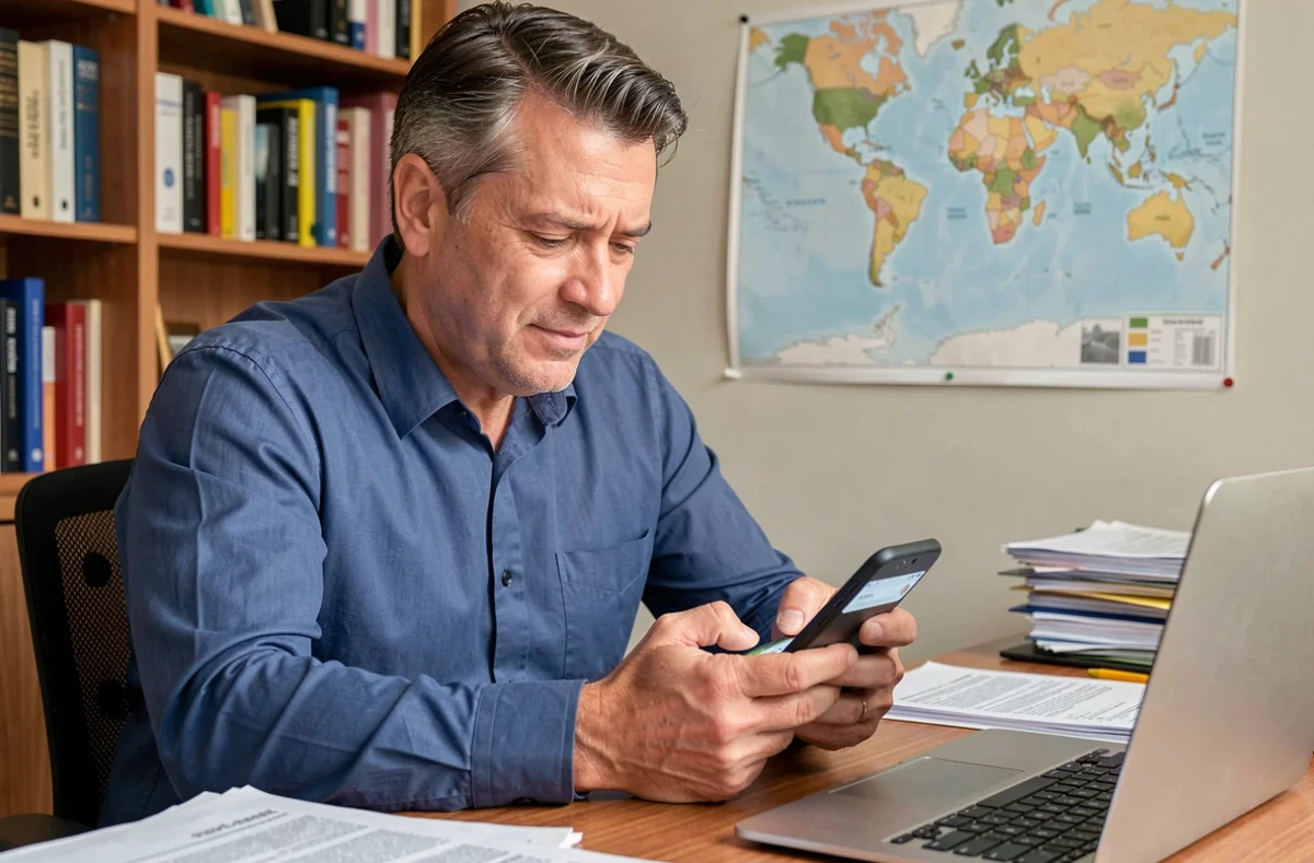 Homme effectuant un transfert d'argent international depuis son bureau à domicile avec une application mobile