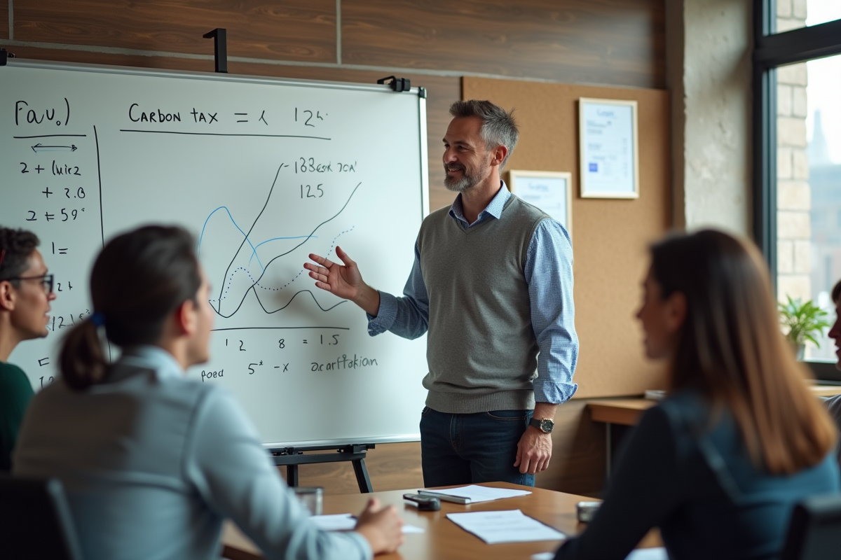 Homme expliquant un modèle de taxe carbone devant un tableau blanc