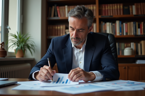 Homme d'affaires français en costume bleu dans un bureau moderne