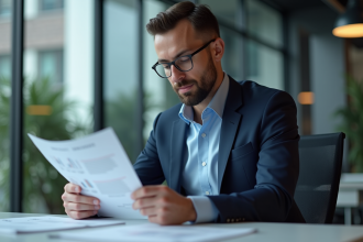 Homme d'affaires en costume bleu examine des rapports financiers