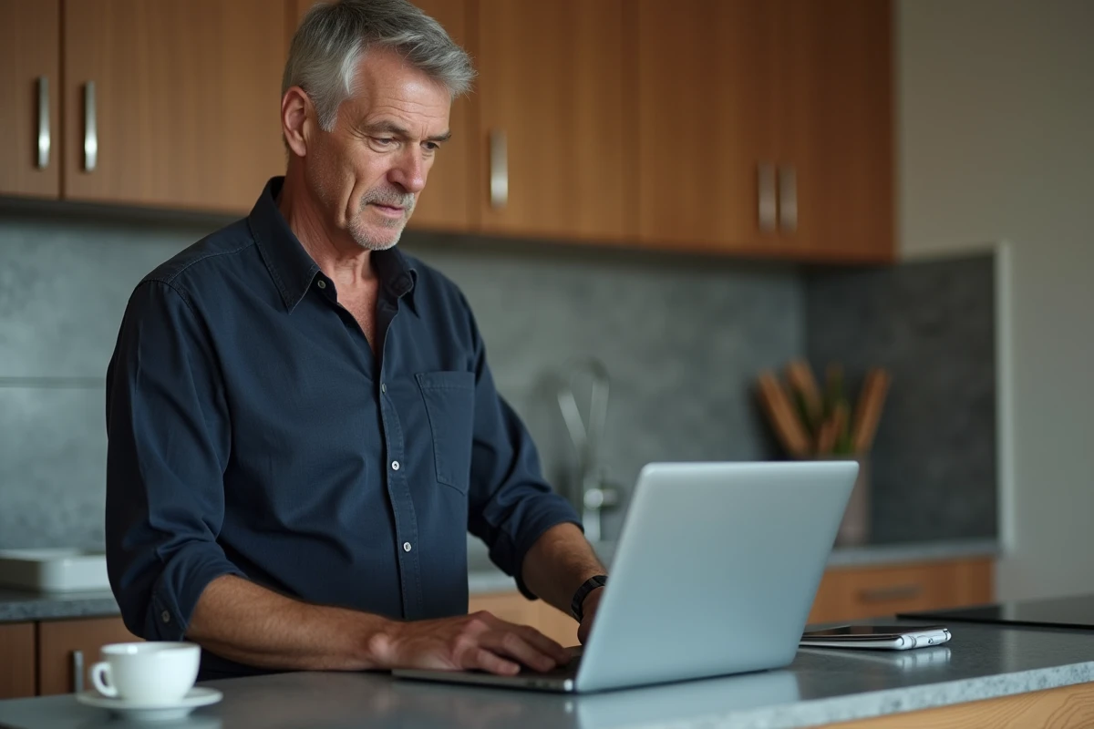 Homme gérant ses finances personnelles sur ordinateur portable dans une cuisine moderne, comparaison de frais bancaires