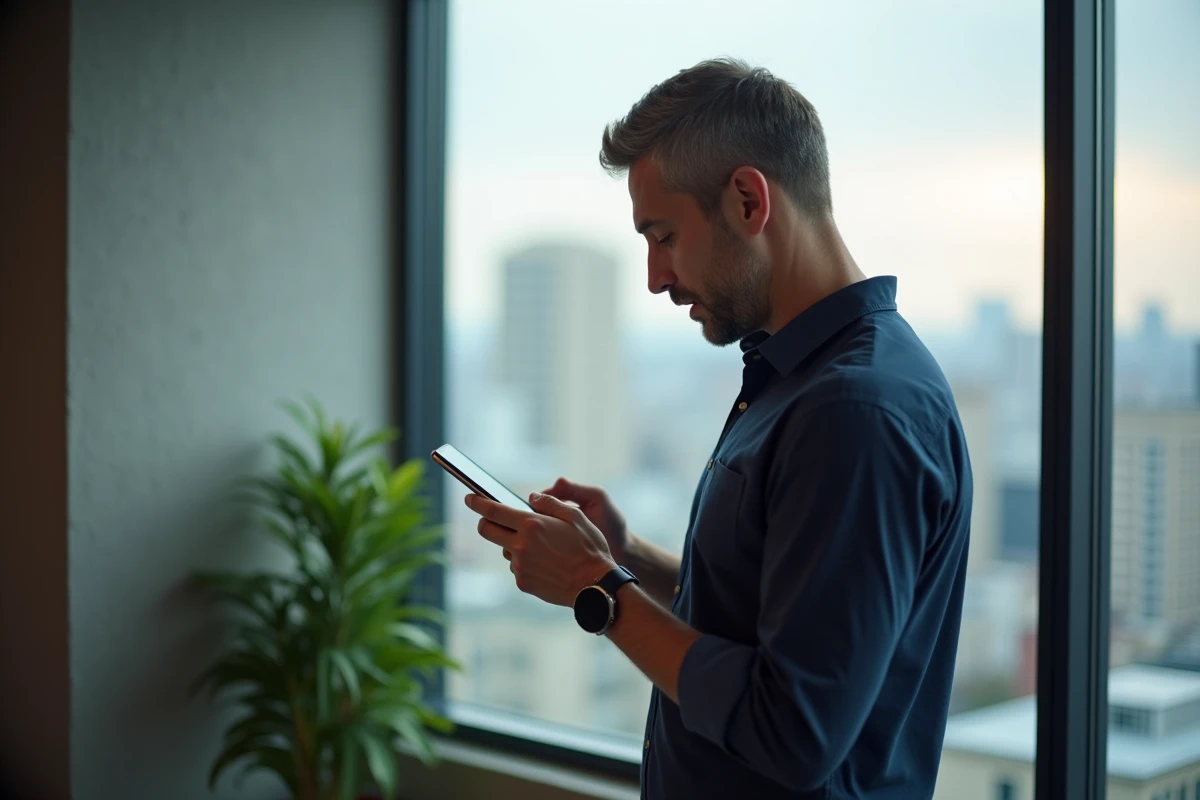 Homme consultant le numéro gratuit Cofidis sur son smartphone près d'une fenêtre