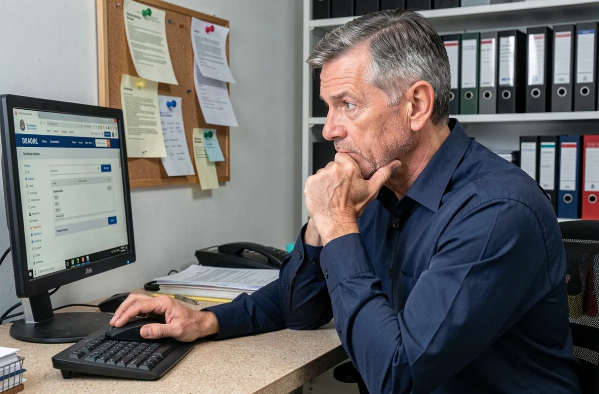 Homme consultant un site officiel pour résoudre un problème de paiement de pension d'invalidité en ligne