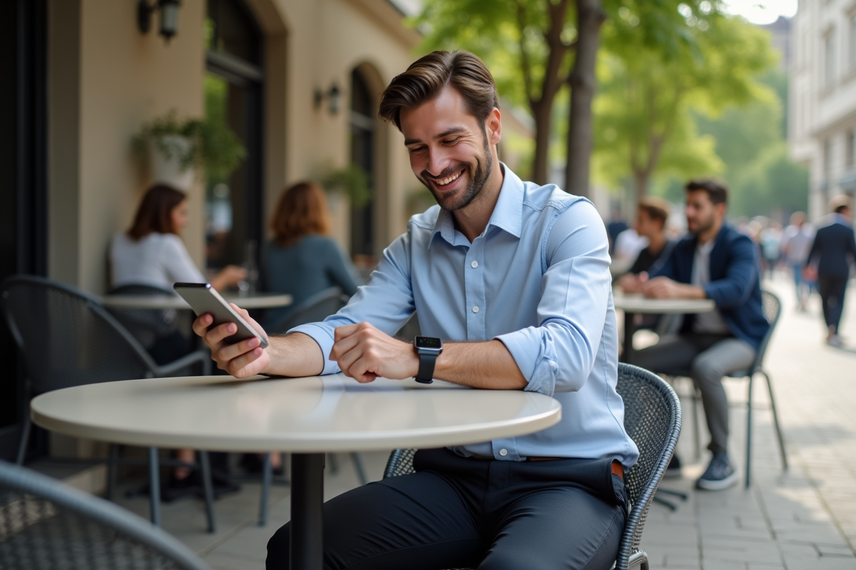 Homme effectuant paiement avec smartwatch en terrasse