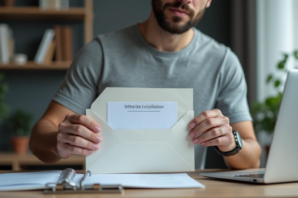 Homme préparant une enveloppe contenant une lettre de résiliation de contrat d'assurance Direct Assurance