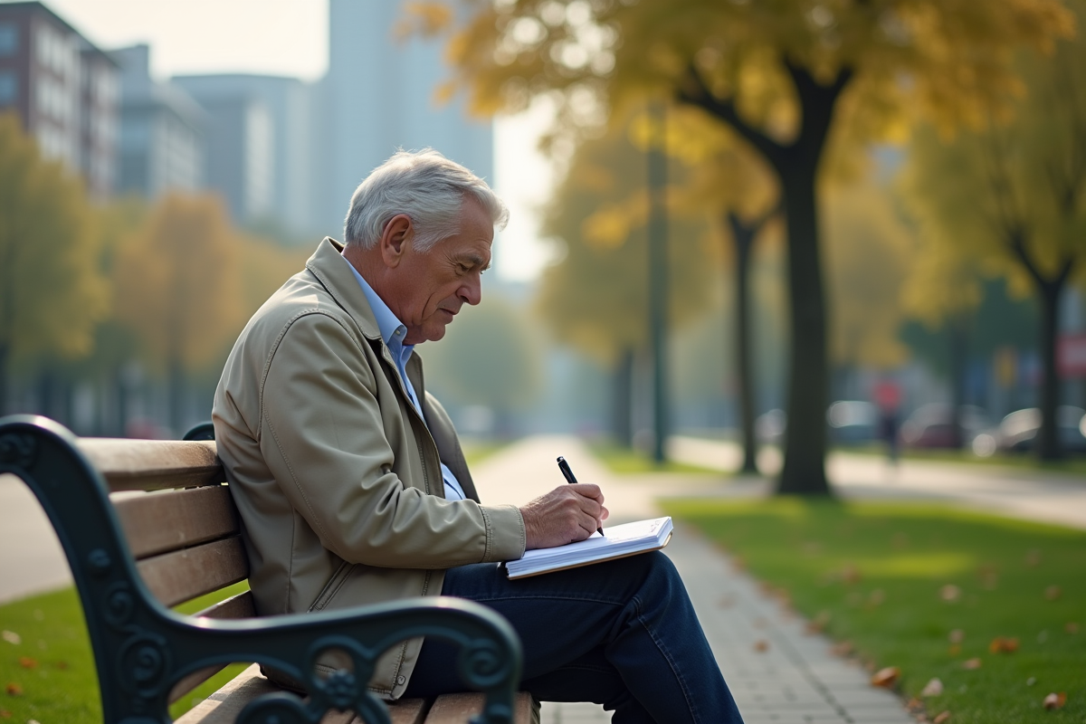 Homme pensif assis sur un banc de parc avec un carnet