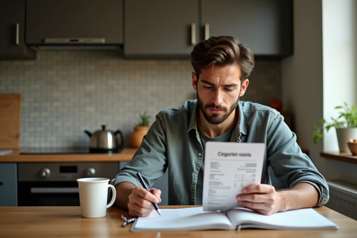 Homme consultant son relevé bancaire et les conditions de virement instantané depuis son domicile