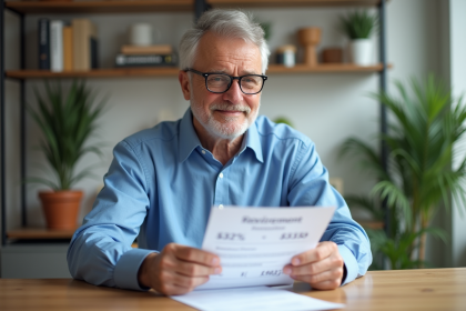 Homme d'âge moyen en bleu lisant des papiers de retraite