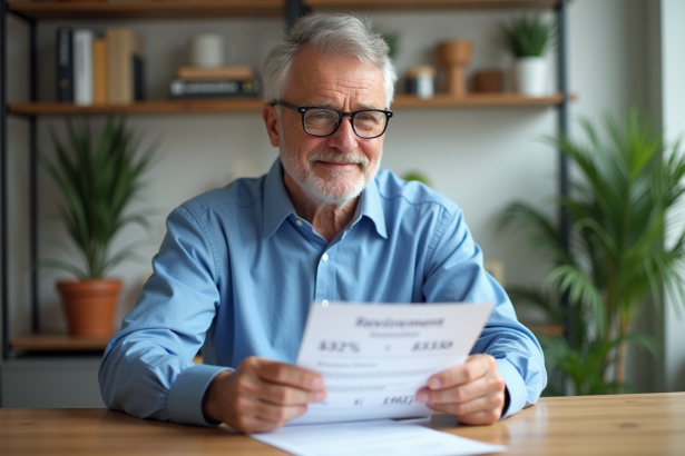 Homme d'âge moyen en bleu lisant des papiers de retraite
