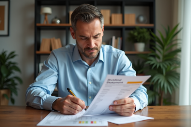 Homme d'âge moyen vérifiant un relevé de dividendes à la maison