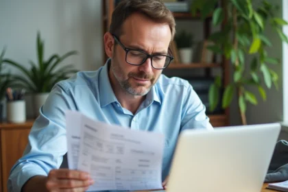 Homme d'âge moyen vérifiant un formulaire fiscal français à domicile