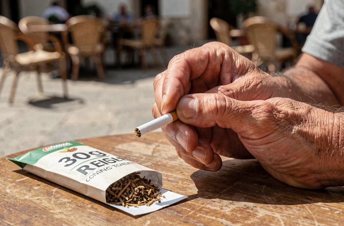 Mains d'un homme roulant une cigarette avec du tabac à rouler en Espagne