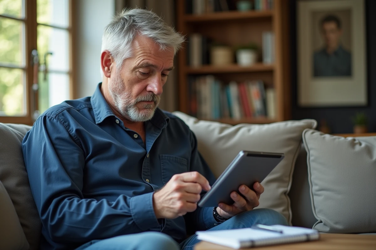 Homme âgé regardant une tablette dans le salon