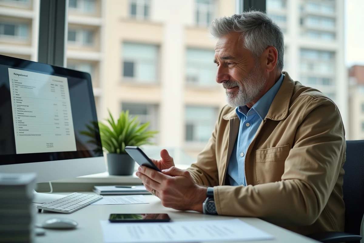 Homme consultant son smartphone dans un bureau lumineux