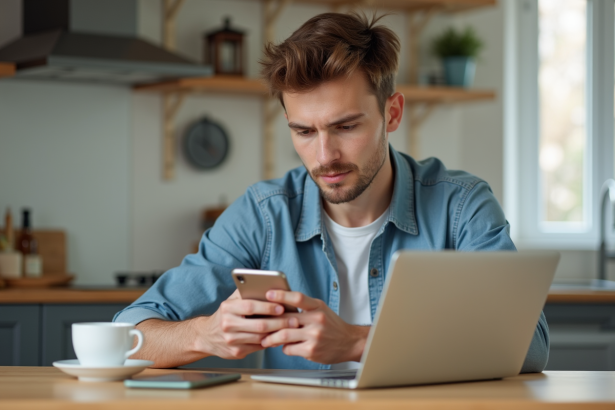 Homme assis à la maison utilisant smartphone et ordinateur