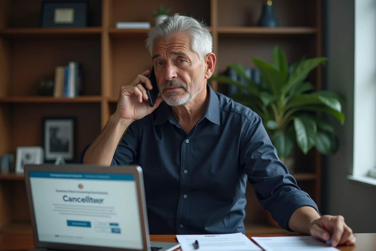 Homme au téléphone tentant de débloquer sa résiliation d'assurance refusée avec des documents de résiliation sur le bureau