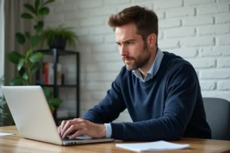 Homme d'âge moyen travaillant sur son ordinateur à domicile