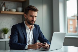 Homme en costume bleu travaillant sur son ordinateur dans une cuisine moderne