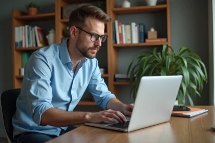 Homme concentré travaillant sur un ordinateur dans un bureau cosy