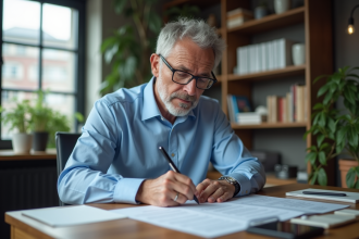 Homme d'âge moyen travaillant sur des papiers de retraite dans un bureau moderne