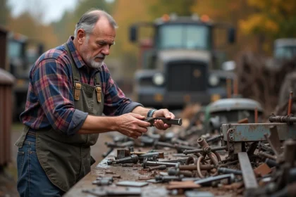 Homme d'âge moyen triant des métaux dans une casse extérieure