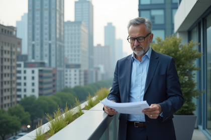 Homme d'âge moyen en costume sur un toit de ville