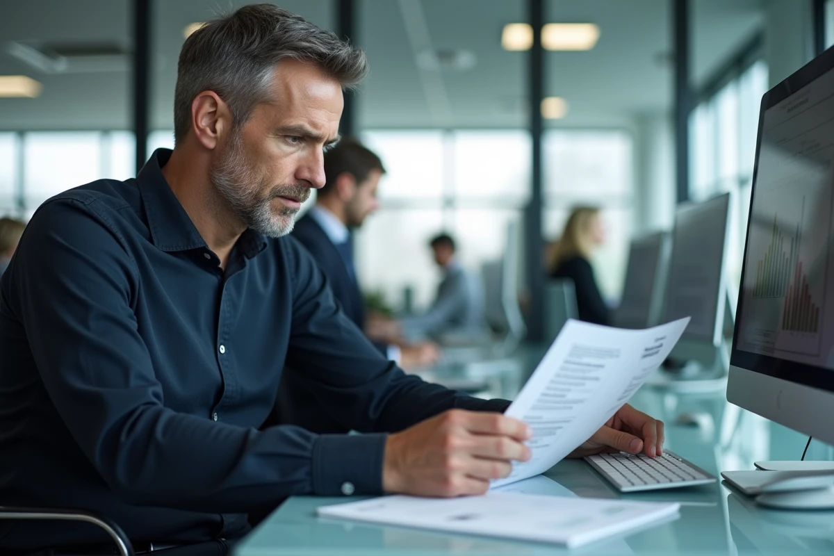 Homme comparant un relevé bancaire imprimé avec son compte Crédit Agricole affiché sur un écran d'ordinateur au bureau